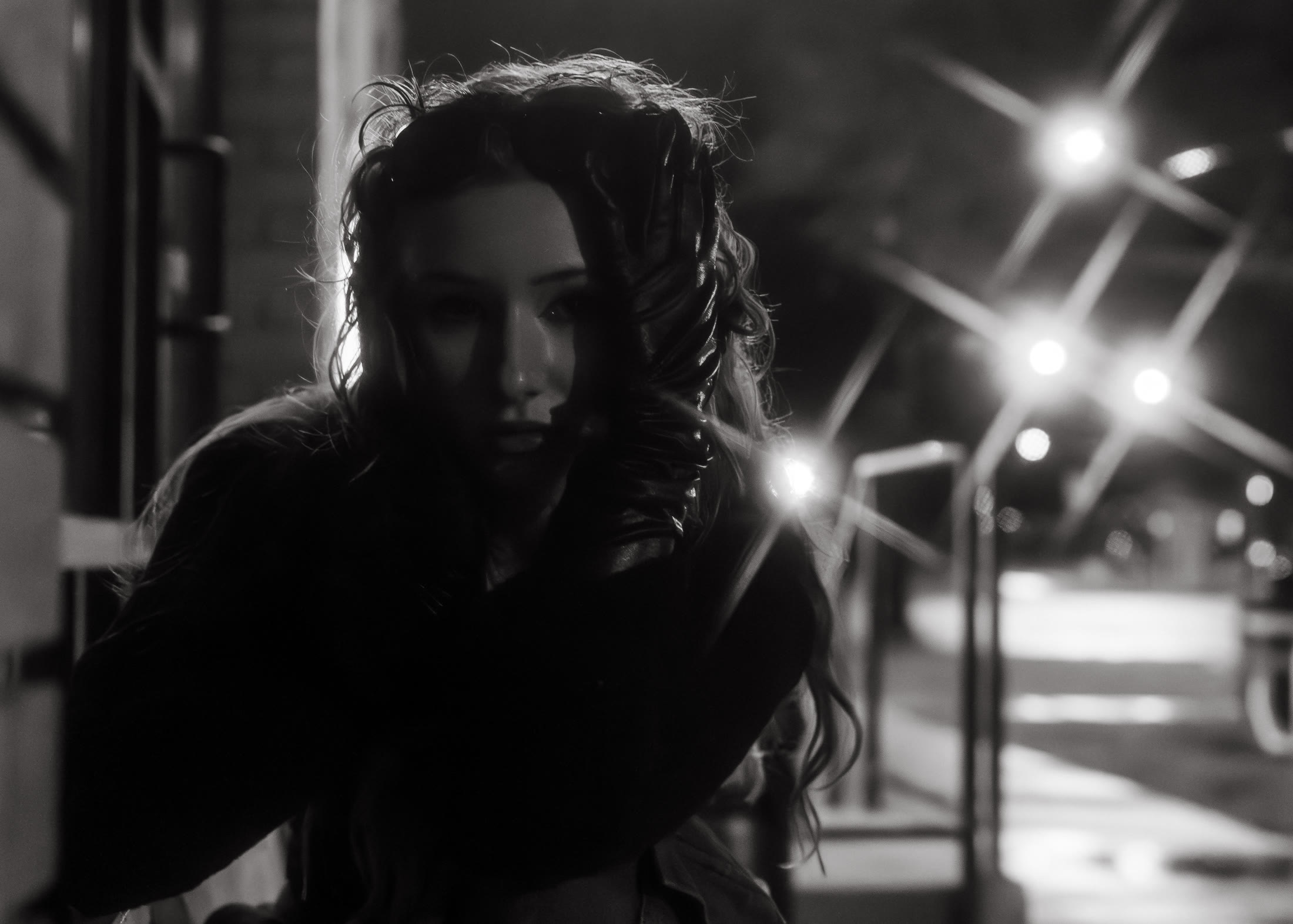 Black and white Kaia Jette night portrait